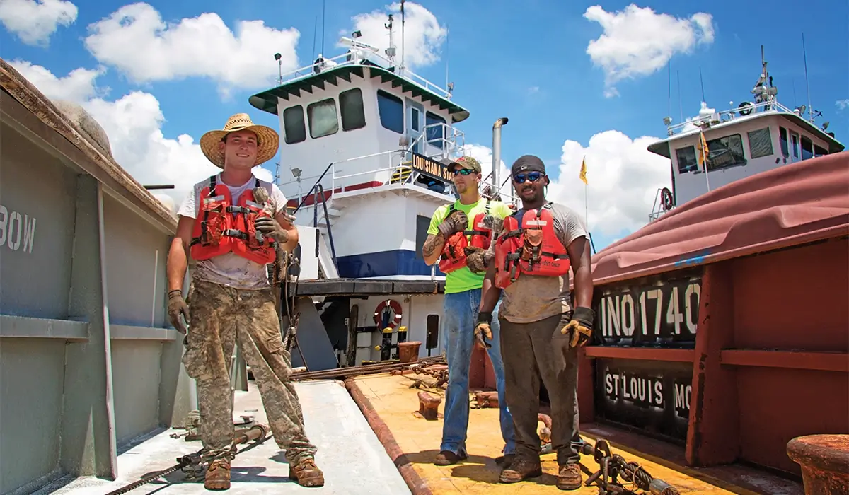 Three workers in safety vests stand on a docked barge with two tugboats in the background under a blue sky.