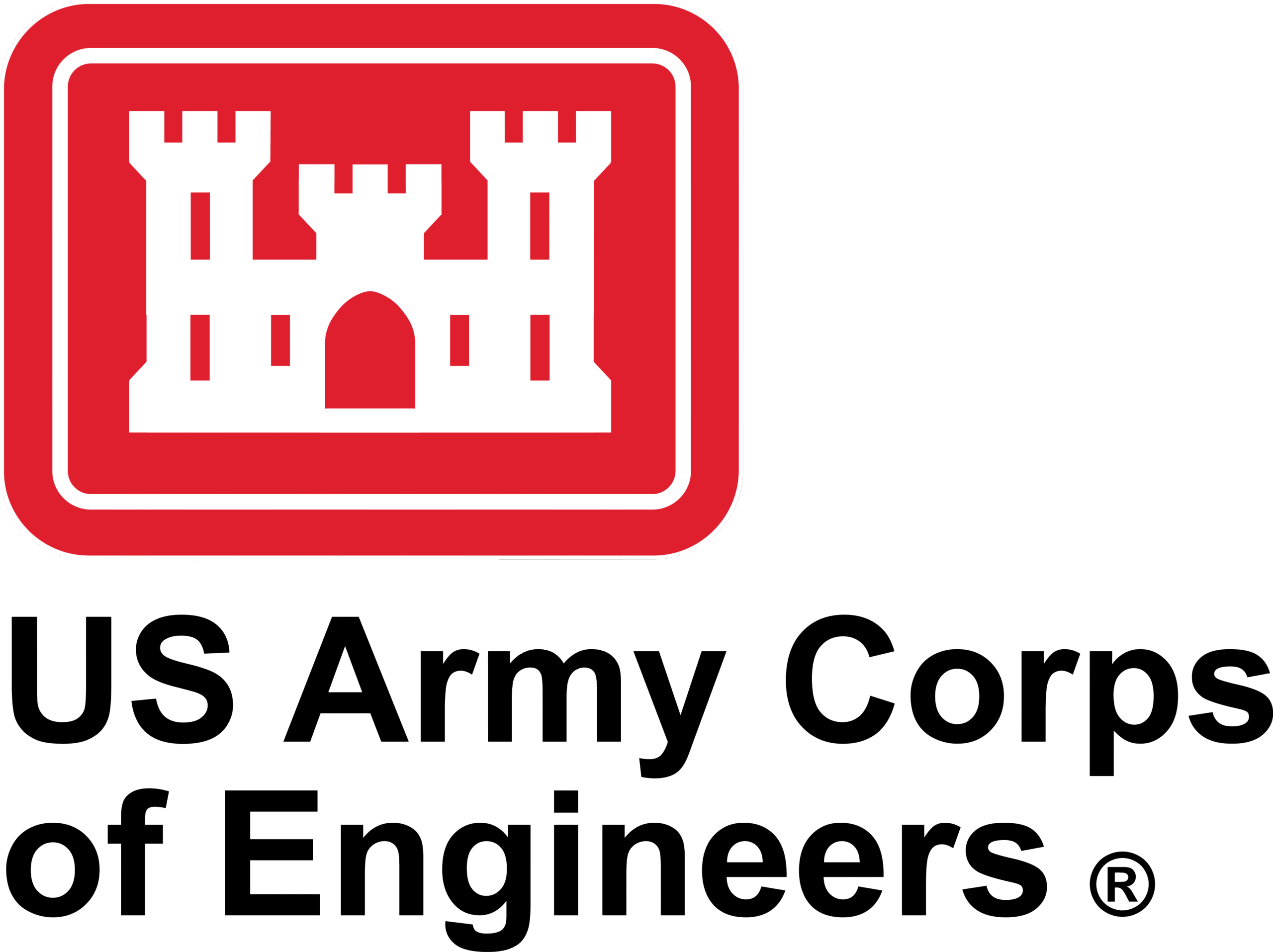 US Army Corps of Engineers logo with a white castle on a red background above the organization’s name in black text.